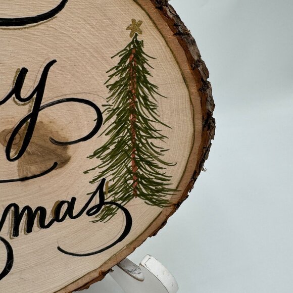 Natural hand cut wood slice hand painted with Merry. Christmas and Tree raw edge - Picture 3 of 10